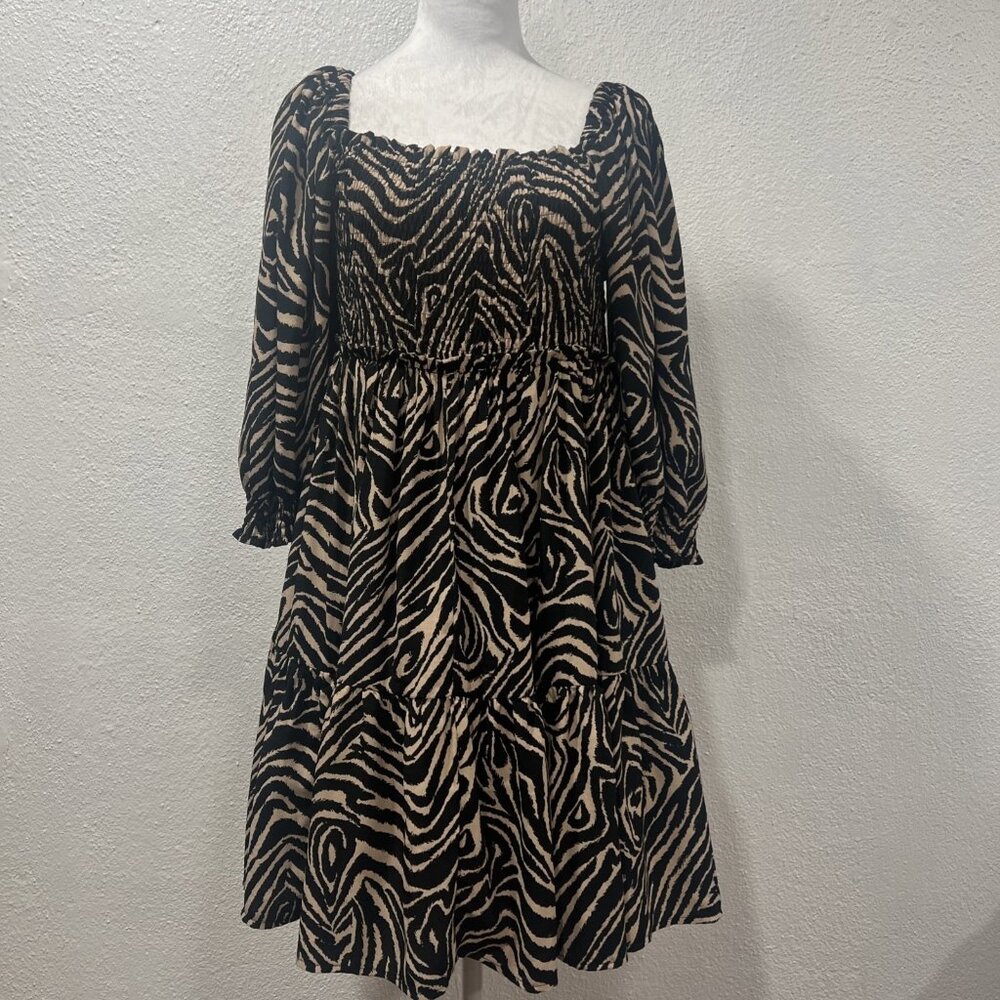 Crescent Tiered Mini Dress Womens Sz‎ M Sheer Leopard 3/4 Sleeve Boho Smocked